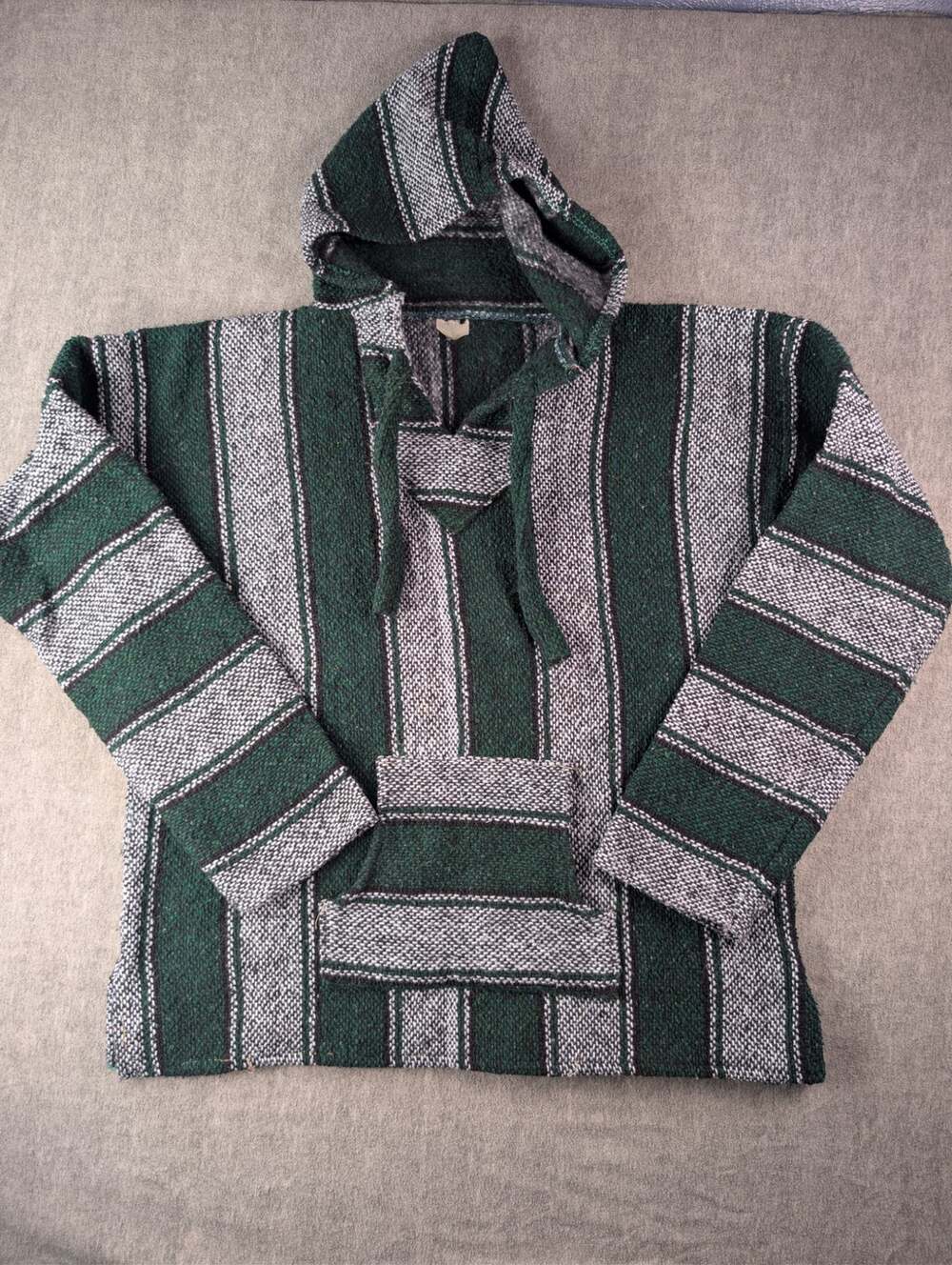 Artesanias ER Inc Baja Hoodie Green Striped Mexican Skater Pullover